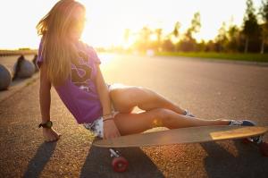 Women, Blonde, Women With Glasses, Sitting, On The Floor, Sunset, Road, Skateboard, Brunettes wallpaper thumb