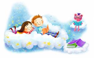 Art, Kids, Boy, Girl, Reading, Books, Clouds, Simple Background, Stars wallpaper thumb