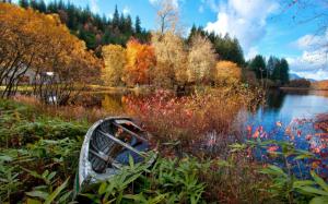 River, forest, autumn, trees, house, broken boat wallpaper thumb
