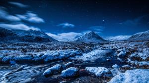 Blue winter landscape, snow, mountains, stars, stream, night wallpaper thumb