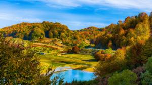 Autumn scenery, hills, forest, lake, house wallpaper thumb