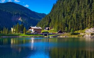 Alps, mountains, trees, lake, house, nature greenery wallpaper thumb