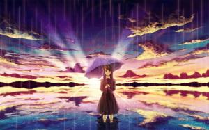 Anime girl in rain, umbrella, water, clouds, sunset wallpaper thumb