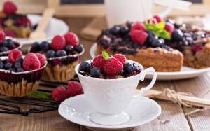 Raspberries, blueberries, cup, cakes wallpaper thumb