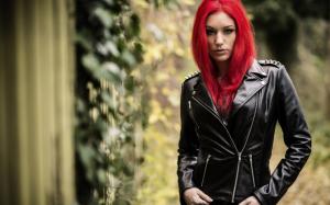 Red hair girl, leather jacket wallpaper thumb