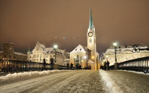 Zurich, Switzerland, house, people, winter, snow, night, lights wallpaper thumb