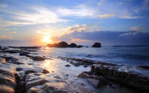 Sunset Ocean Rocks Stones Shore Sunlight HD wallpaper thumb