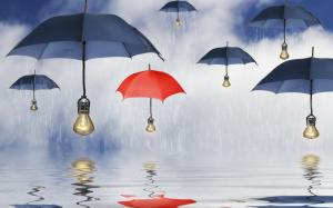 Blue umbrellas, parasols, lamps, rain, water, reflection wallpaper thumb