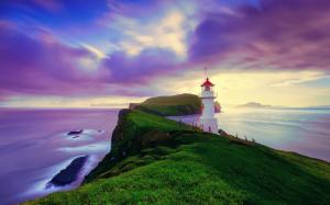 Iceland, Faroe Islands, lighthouse, summer, purple sky, coast wallpaper thumb