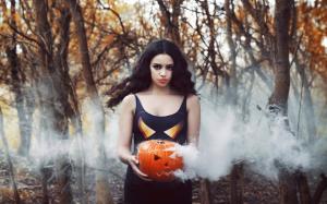 Girl, pumpkin, smoke, Halloween wallpaper thumb