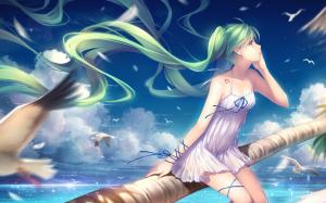 Hatsune Miku, green hair anime girl, seagulls, sea wallpaper thumb