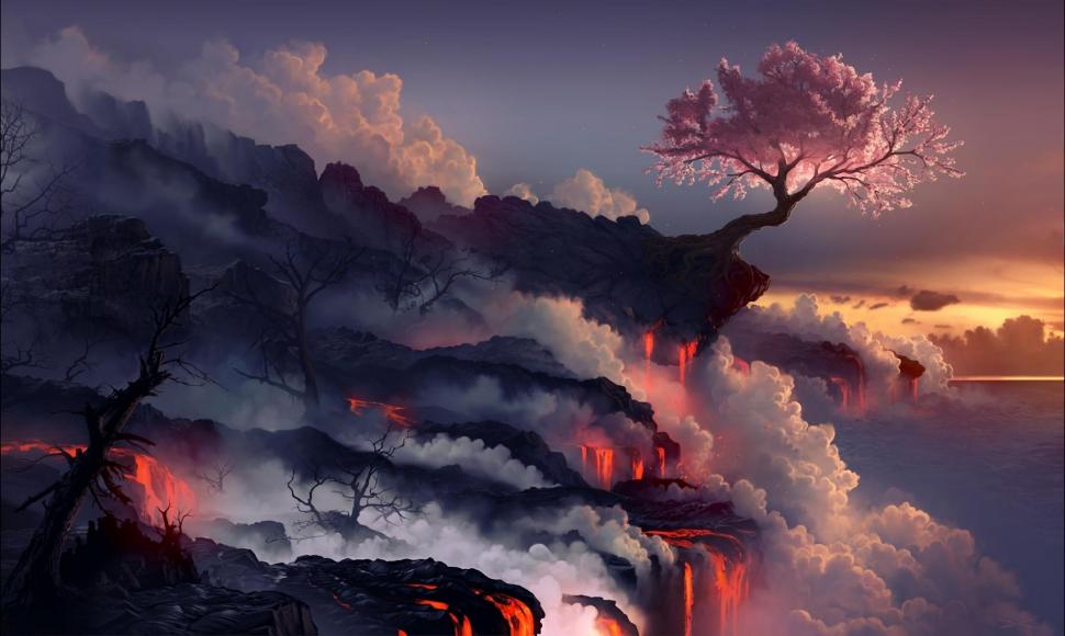 Eruption, lava, volcano, oriental cherry, tree wallpaper,eruption HD wallpaper,lava HD wallpaper,volcano HD wallpaper,oriental cherry HD wallpaper,tree HD wallpaper,1920x1149 wallpaper