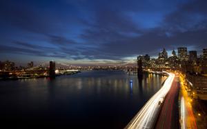 New York Buildings Skyscrapers Timelapse Lights Night Bridge River HD wallpaper thumb