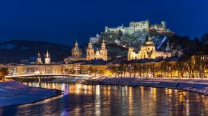 City night, Salzburg, Austria, river, winter, snow, houses, lights wallpaper thumb