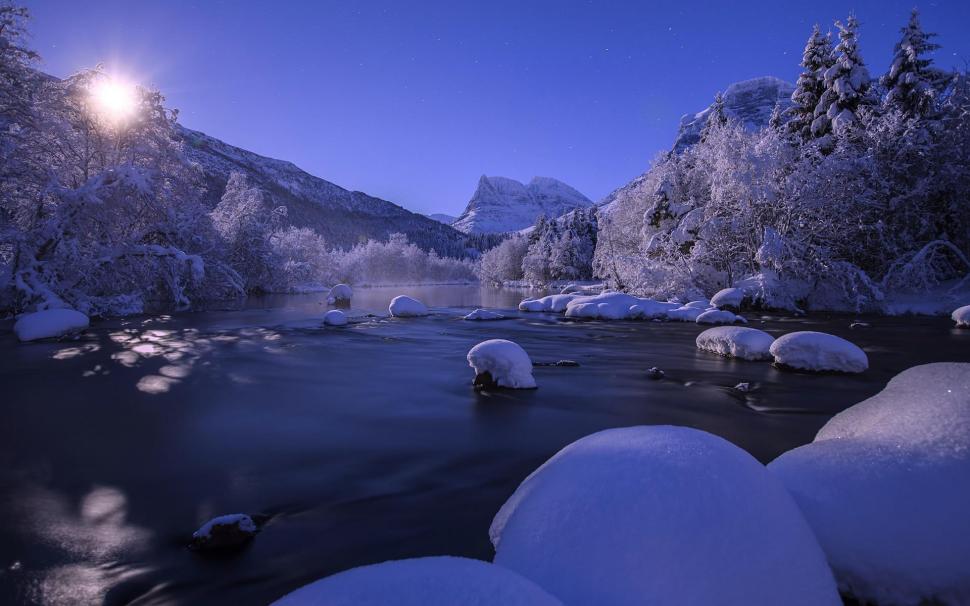 Magnificent River In Winter At Twilight wallpaper,mountain HD wallpaper,twilight HD wallpaper,river HD wallpaper,stars HD wallpaper,winter HD wallpaper,nature & landscapes HD wallpaper,1920x1200 wallpaper