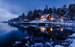 Stockholm, Sweden, winter landscape of snow, houses, lake, woods, blue style wallpaper thumb