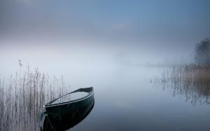 Boat Rowboat Lake Fog Mist HD wallpaper thumb