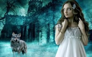 Outside the castle fantasy girl and the Wolf wallpaper thumb