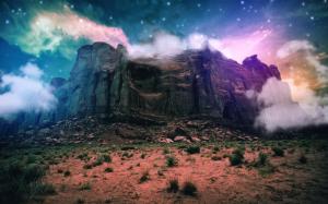 Fantasy scenery, creative, mountain, cliff, clouds, space, stones, stars wallpaper thumb