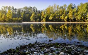 Nature landscape, lake, river, rocks, trees, water reflection wallpaper thumb