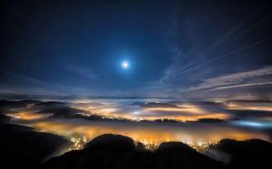 Switzerland, Zurich, Uetliberg mountain, city night, moon, lights, blue wallpaper thumb