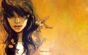 Art, Painting, Girl, Bird, Calm, Long Hair wallpaper thumb