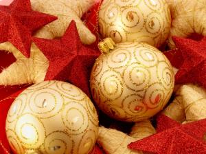 new year, christmas, spheres, ornaments, stars, red, gold wallpaper thumb