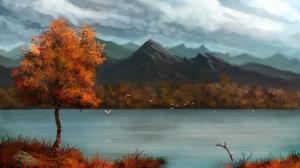 Paintings Art Landscapes Lakes Mountains Sky Clouds Tree Forest Autumn Fall Free Desktop Background wallpaper thumb