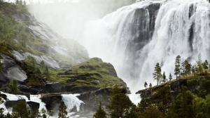 Spectacular waterfall, Small Sami Fishing Village, Norway scenery wallpaper thumb
