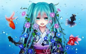 Hatsune Miku, blue hair girl, fish, water, flowers wallpaper thumb