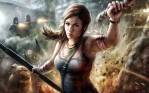 Lara Croft, Tomb Raider, Video Games, Video Game Girls, Dog, Shoot, Gun wallpaper thumb