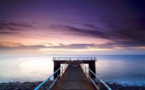 Purple Dock Ocean Beach Sunset Clouds HD wallpaper thumb