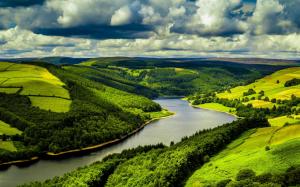 UK, river, fields, forest, clouds, nature scenery wallpaper thumb