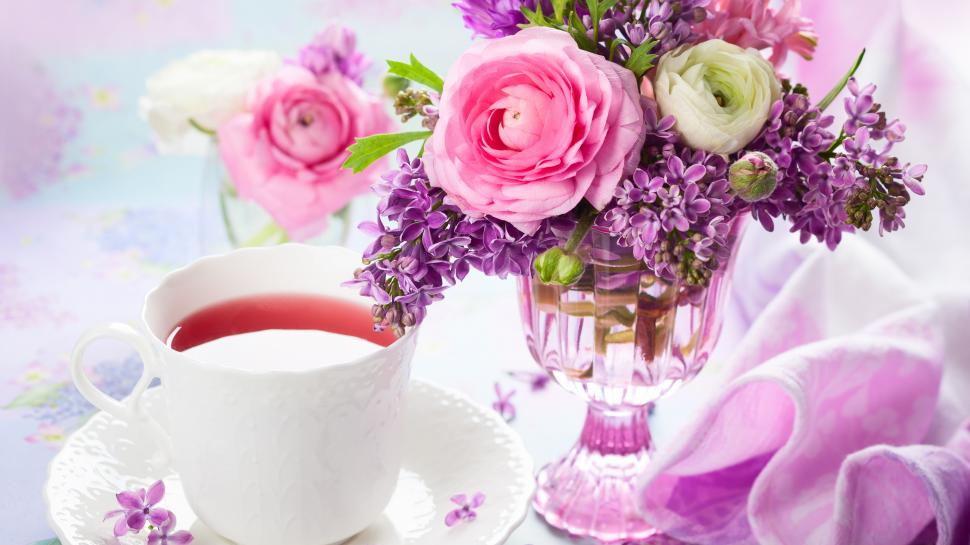 A cup of tea, lilac and rose, bouquet, vase wallpaper,A HD wallpaper,Cup HD wallpaper,Tea HD wallpaper,Lilac HD wallpaper,Rose HD wallpaper,Bouquet HD wallpaper,Vase HD wallpaper,3840x2160 wallpaper