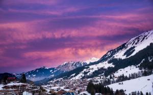 Austria, mountains, trees, houses, winter, snow, dusk wallpaper thumb