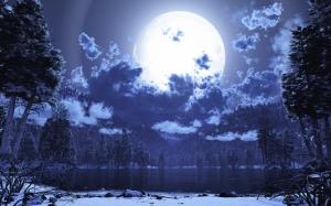 Moon Forest Lake Pond Clouds Purple HD wallpaper thumb