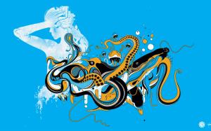 Vector design, girl, octopus, blue background wallpaper thumb