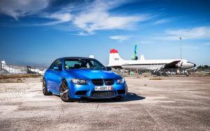 BMW M3 E92 blue car at airport, planes wallpaper thumb