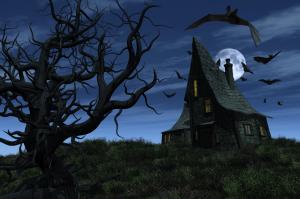 Halloween, straszny, Nawiedzony dom, nietoperze, pełnia, straszne drzewa,Halloween 2014 wallpaper thumb
