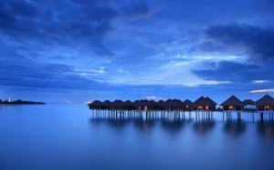 Malaysia, calm sea, coast, houses, night, sky, blue wallpaper thumb