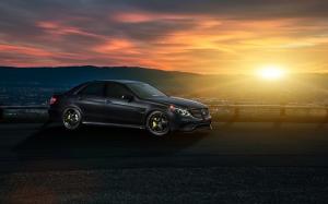 Mercedes-Benz E63 AMG S black car, sunset wallpaper thumb