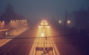 Train Station, Night, Mist, Lights, Railroad wallpaper thumb