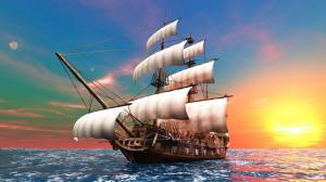3D creative design pictures, sailboat, dawn, the sea wallpaper thumb