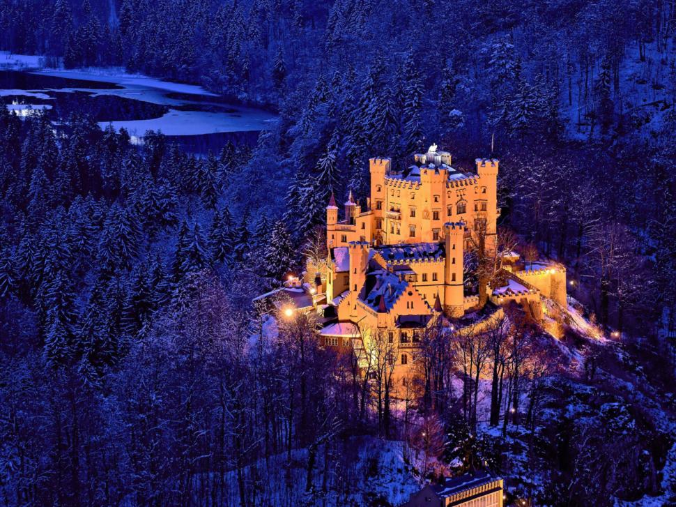 Hohenschwangau Castle, architecture, germany, attractions, world, night, winter, forest wallpaper,hohenschwangau wallpaper,castle wallpaper,germany wallpaper,attractions wallpaper,world wallpaper,night wallpaper,winter wallpaper,forest wallpaper,1600x1200 wallpaper