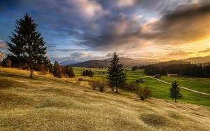 Bavaria, mountains, hills, trees, fields, houses, sunrise wallpaper thumb