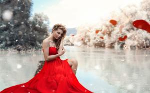 Red dress girl, lake, leg, makeup wallpaper thumb