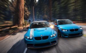 BMW M3 E92, M5 E60, blue car, forest, sparks wallpaper thumb