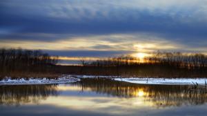 Winter, lake, snow, trees, night, sunset wallpaper thumb