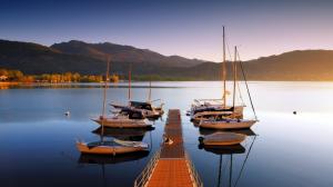 Lake, boats, bridge, sunset wallpaper thumb