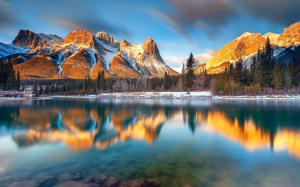 Canada, Alberta, Canmore, lake, mountains, trees, morning wallpaper thumb